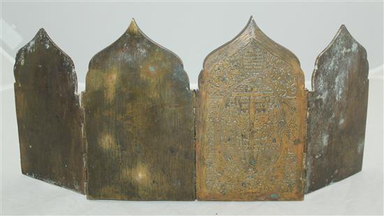 A 19th century Russian brass and champleve enamel four fold icon, open 15.75in.
